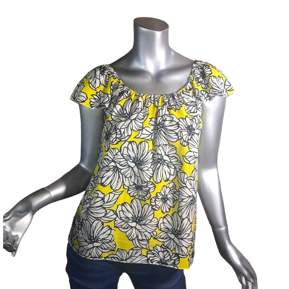 Brave Soul London Women's Small Yellow White Floral Blouse Flutter Sleeve Top